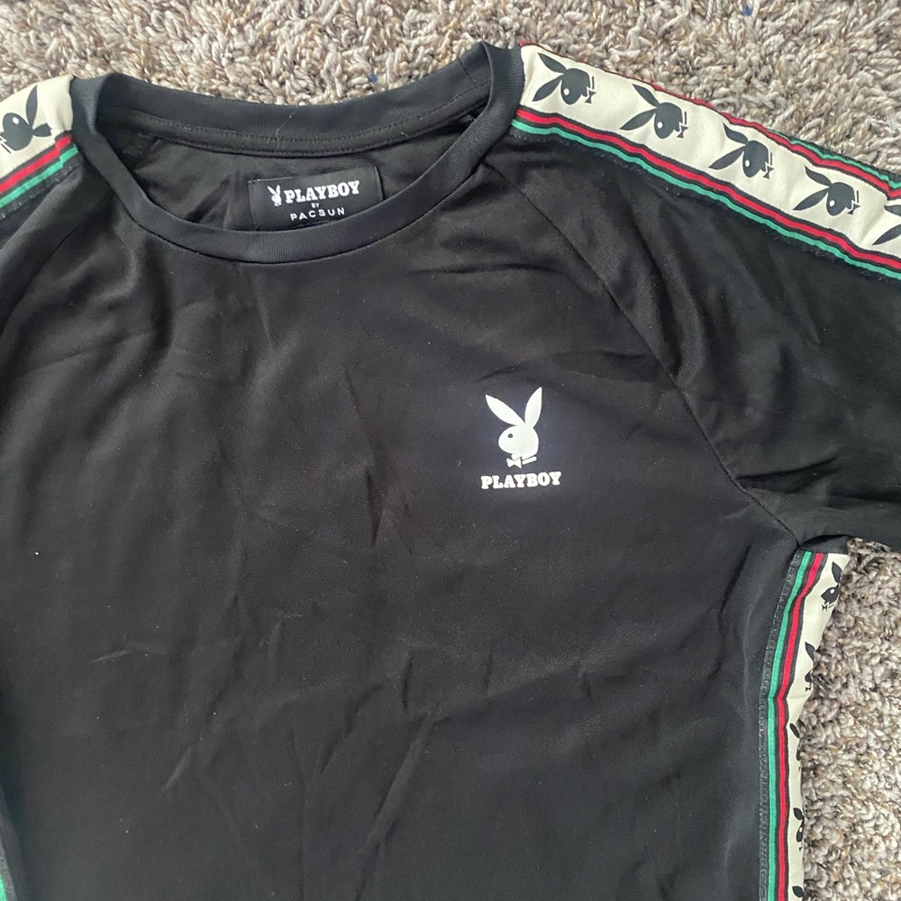 PLAYBOY Black Tee with Iconic Logo and Striped Accents